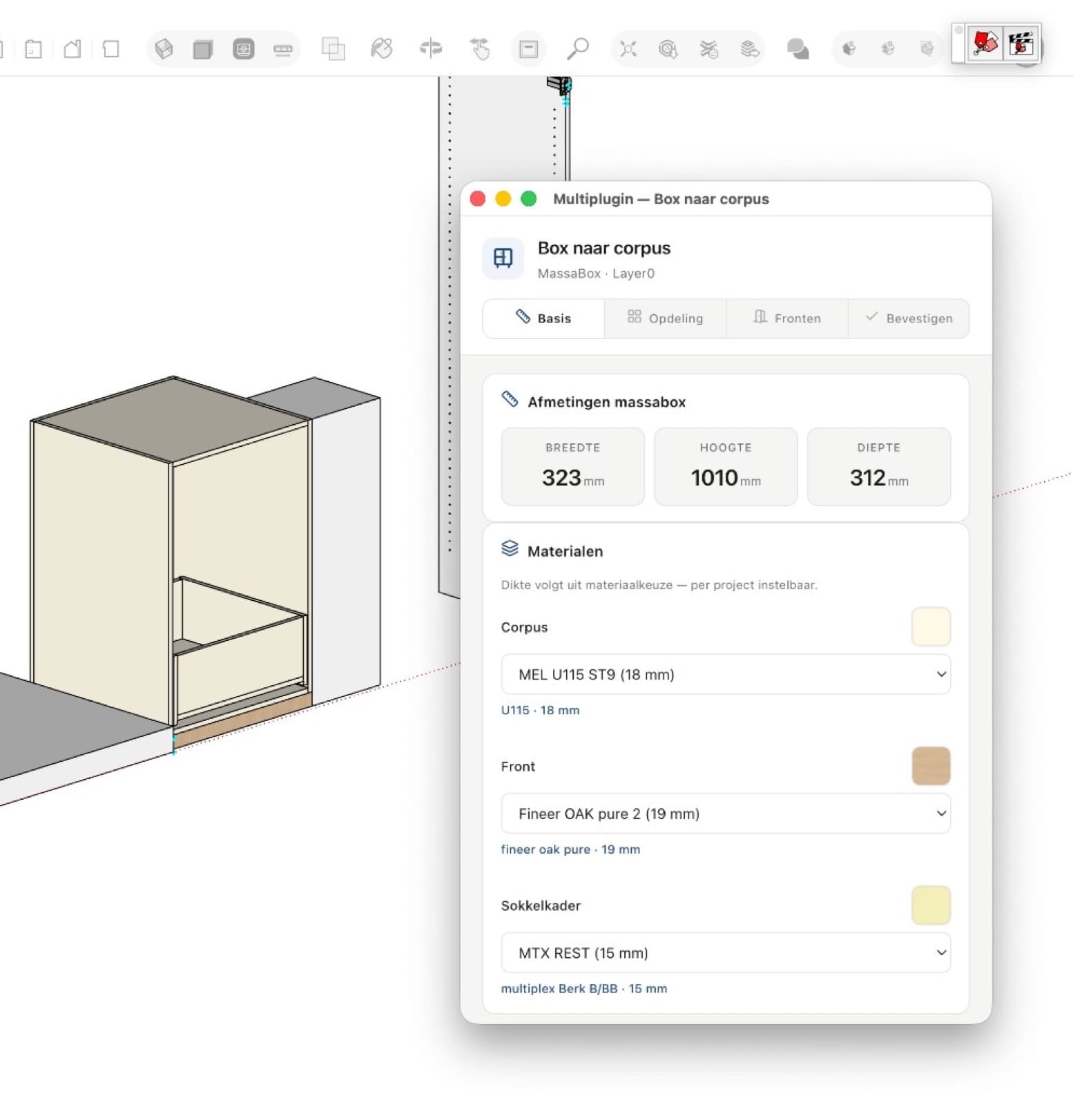 Multiplugin platform — Box naar corpus: massabox-afmetingen en materiaalkeuze in SketchUp