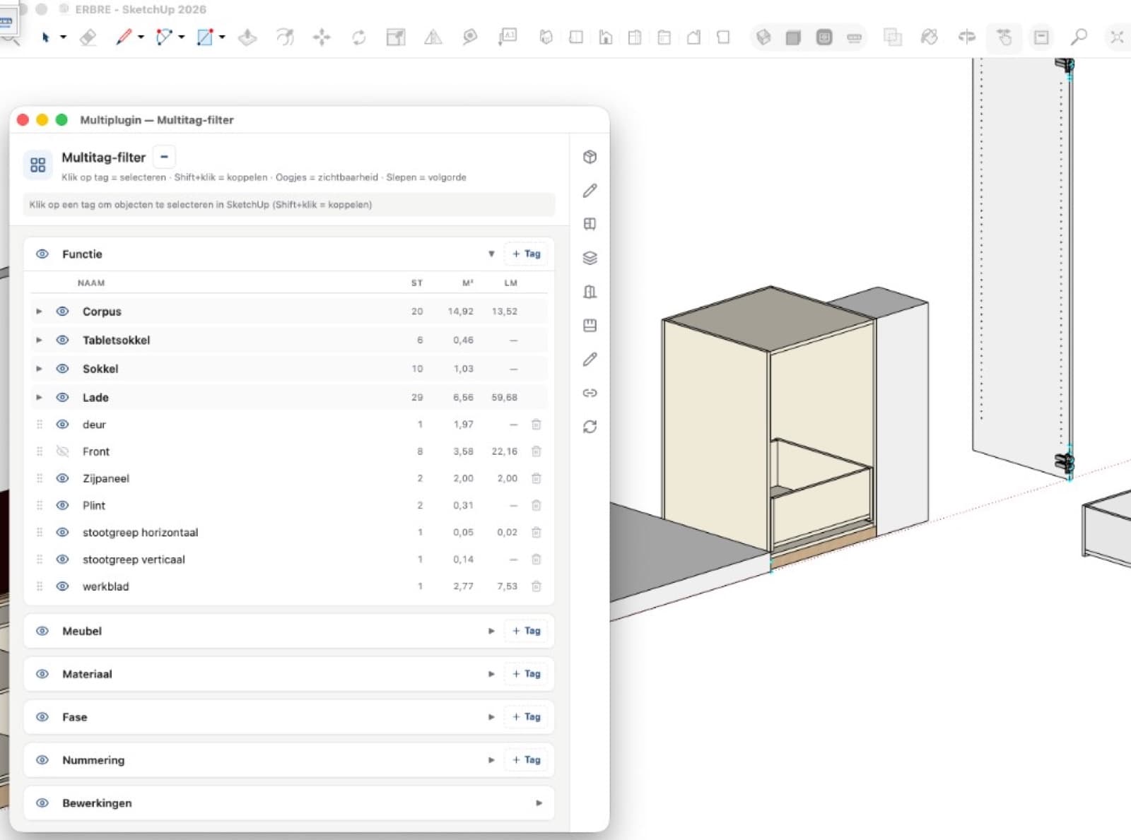 Multiplugin platform — Multitag filter with parts, m² and lm for the material list