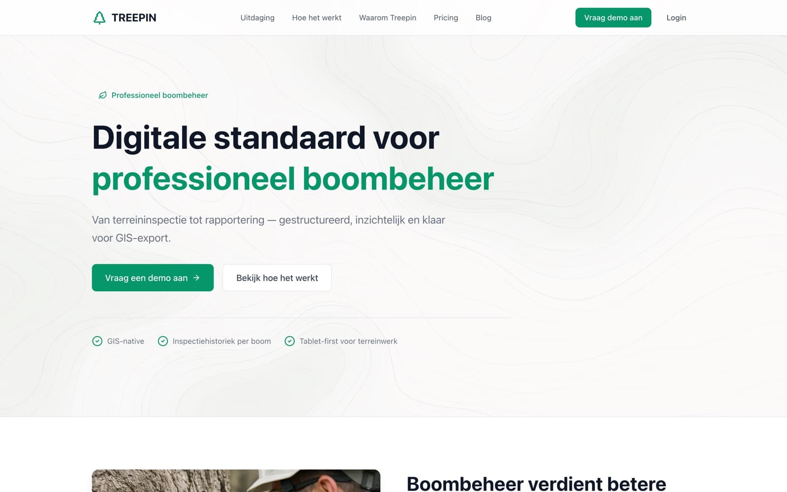 Treepin marketingpagina — hero met positionering als digitale standaard voor boombeheer